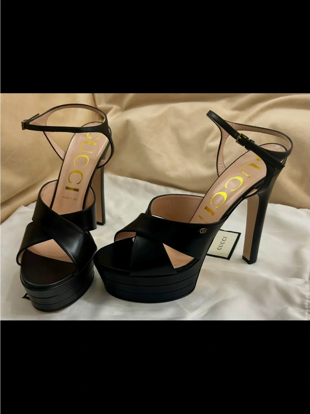 Gucci Black Leather Platform Sandals with Ankle Strap